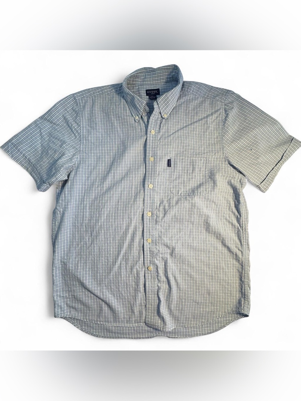 GUESS Jeans Blue White Plaid Button Down Shirt Men’s XXL 2X Short Sleeve Preppy